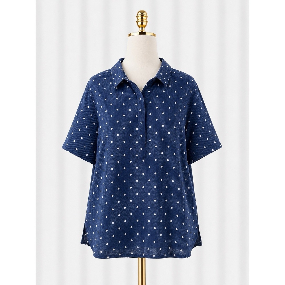 LL Bean Seersucker Shirt‎ Navy White Dot 1/2 Button Down Pullover Coastal 3X